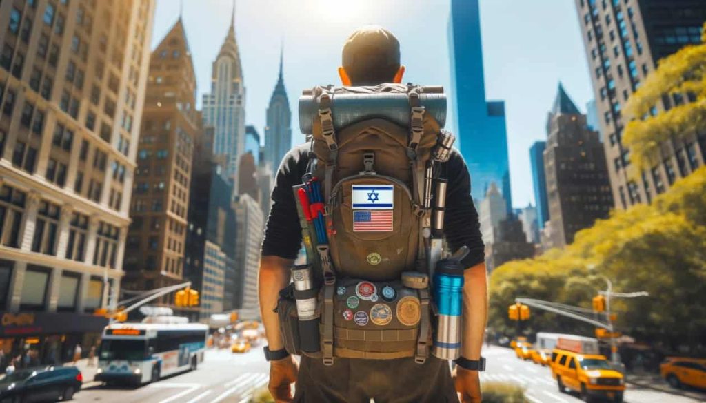 Backpacker in NYC with US and Israeli flags on backpack