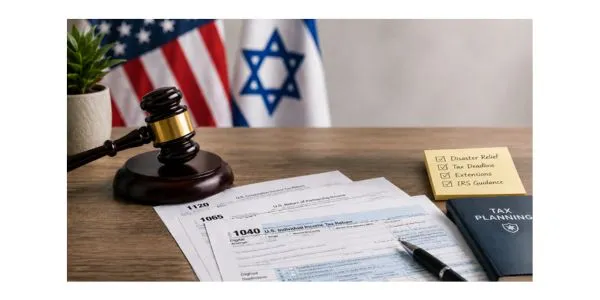 A gavel and IRS tax forms, with subtle U.S. and Israel flags in the background.